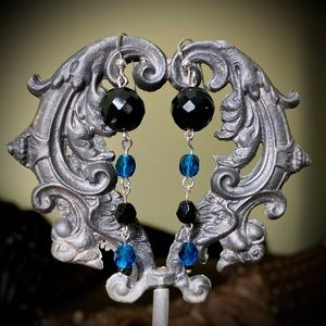 Gothic Black & Teal Blue Crystal earrings 925